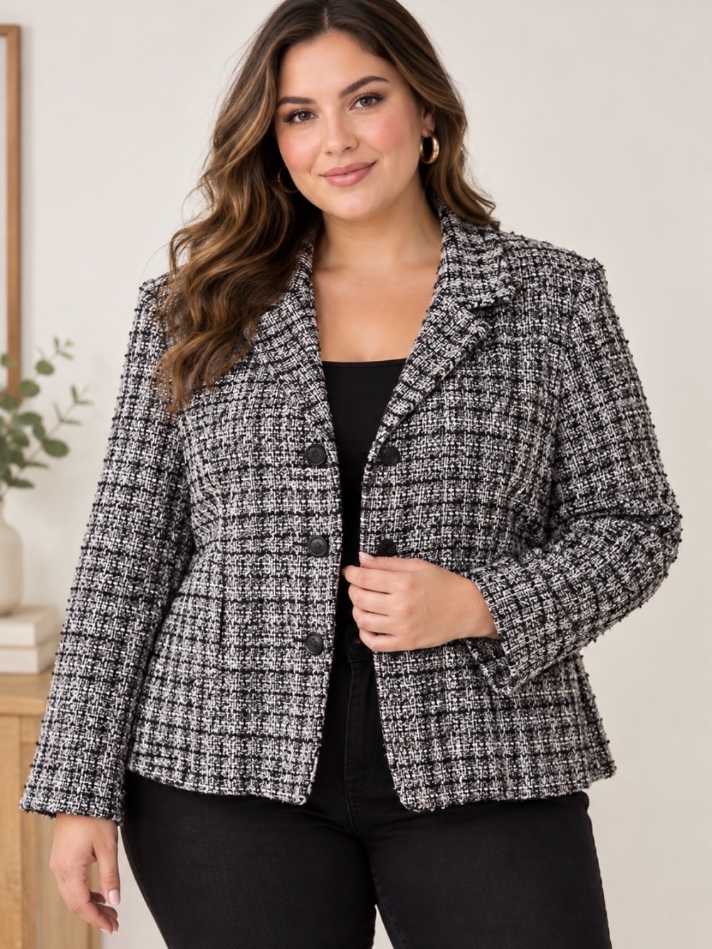 Vintage Tweed Knit Blazer Jacket Collared Plaid Sweater Size XL Office Fall